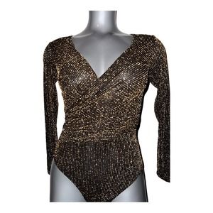 LEITH Long Sleeve Metallic Faux Wrap Bodysuit Size XS